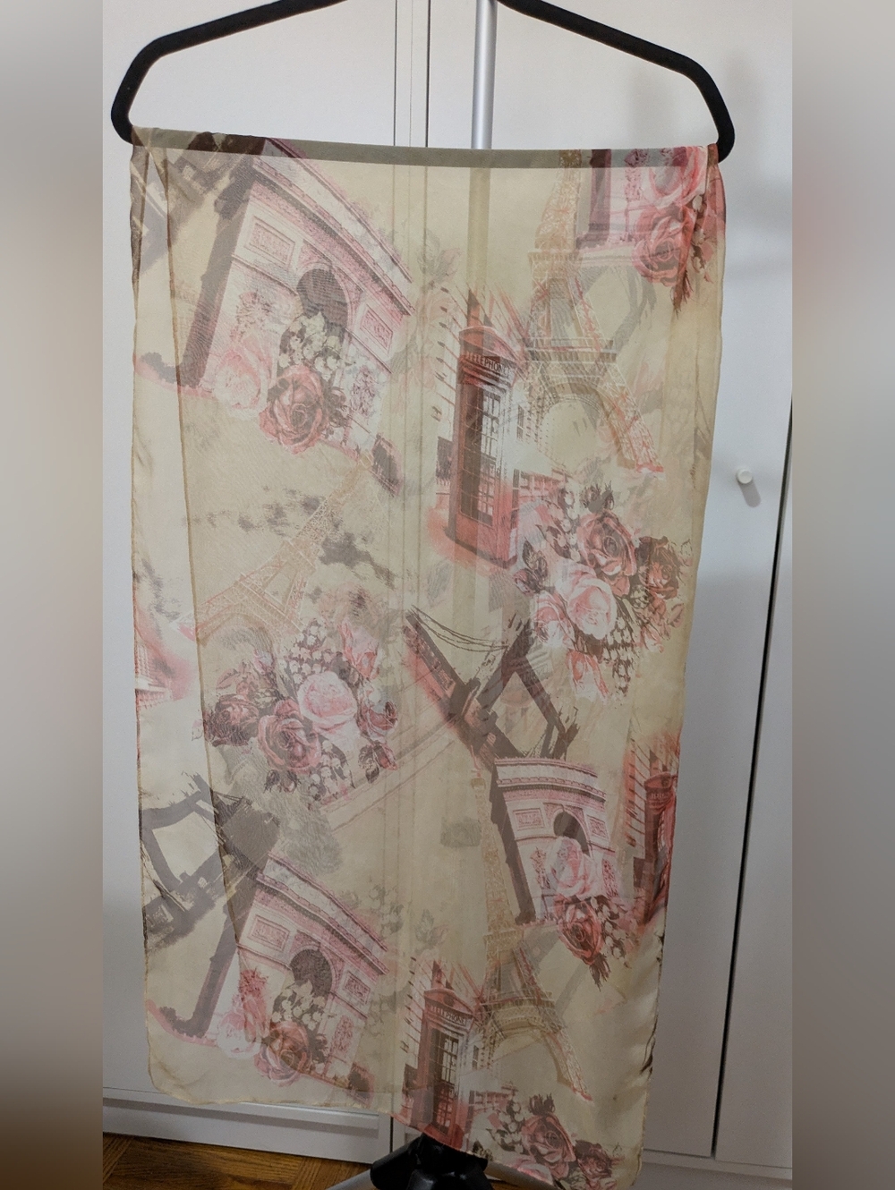 Sheer Floral & Landmark Print Scarf Skirt - Pink Cream